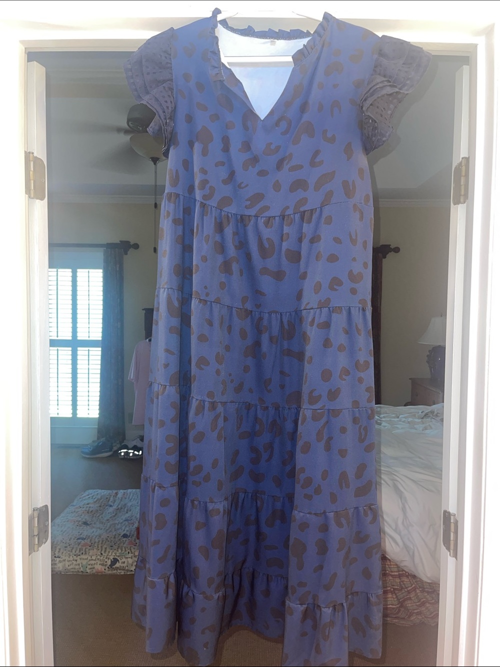 Blue Tiered V-Neck Dress with Black Spot Print